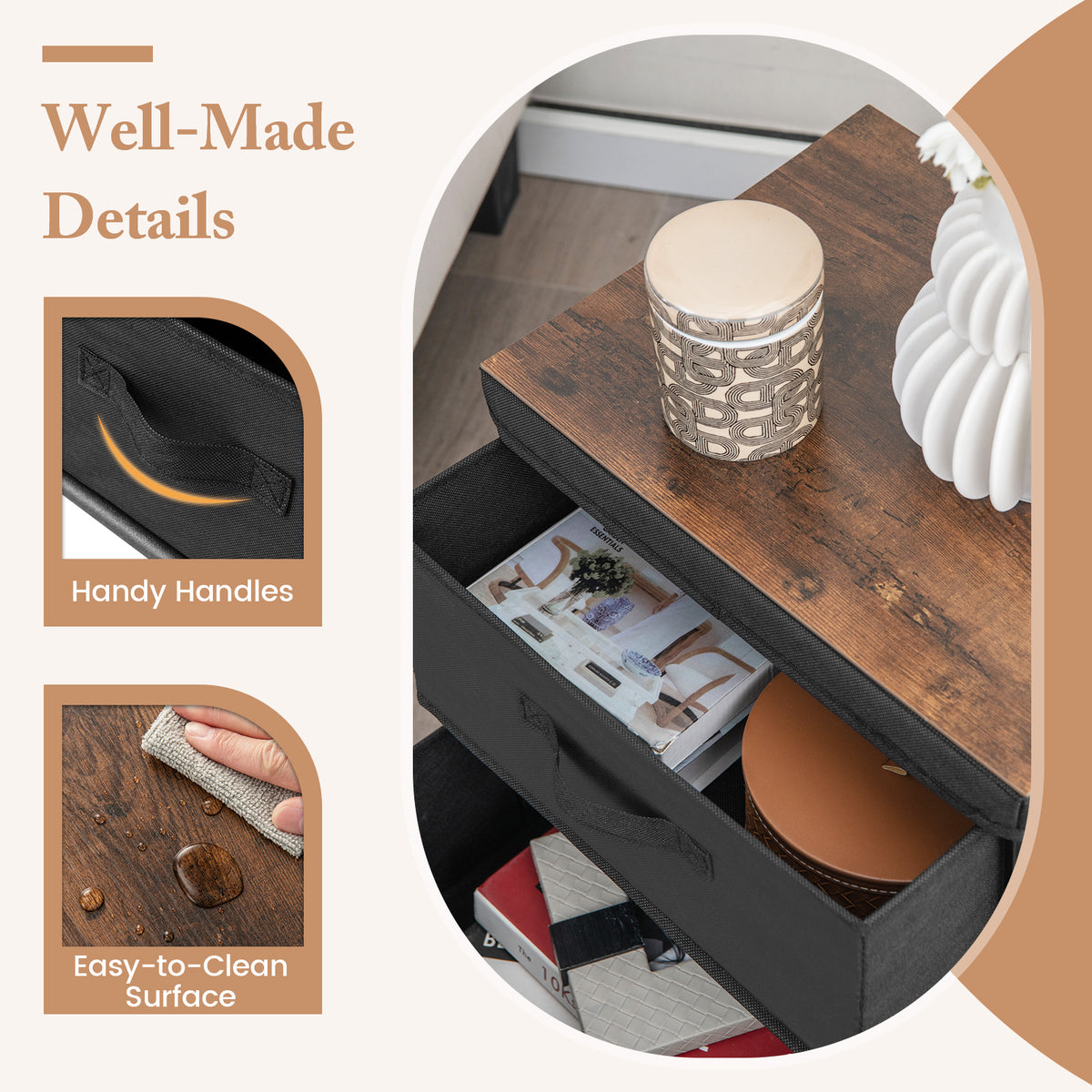 2-Drawer Nightstand with Removable Fabric Bins, Black - Set of 2