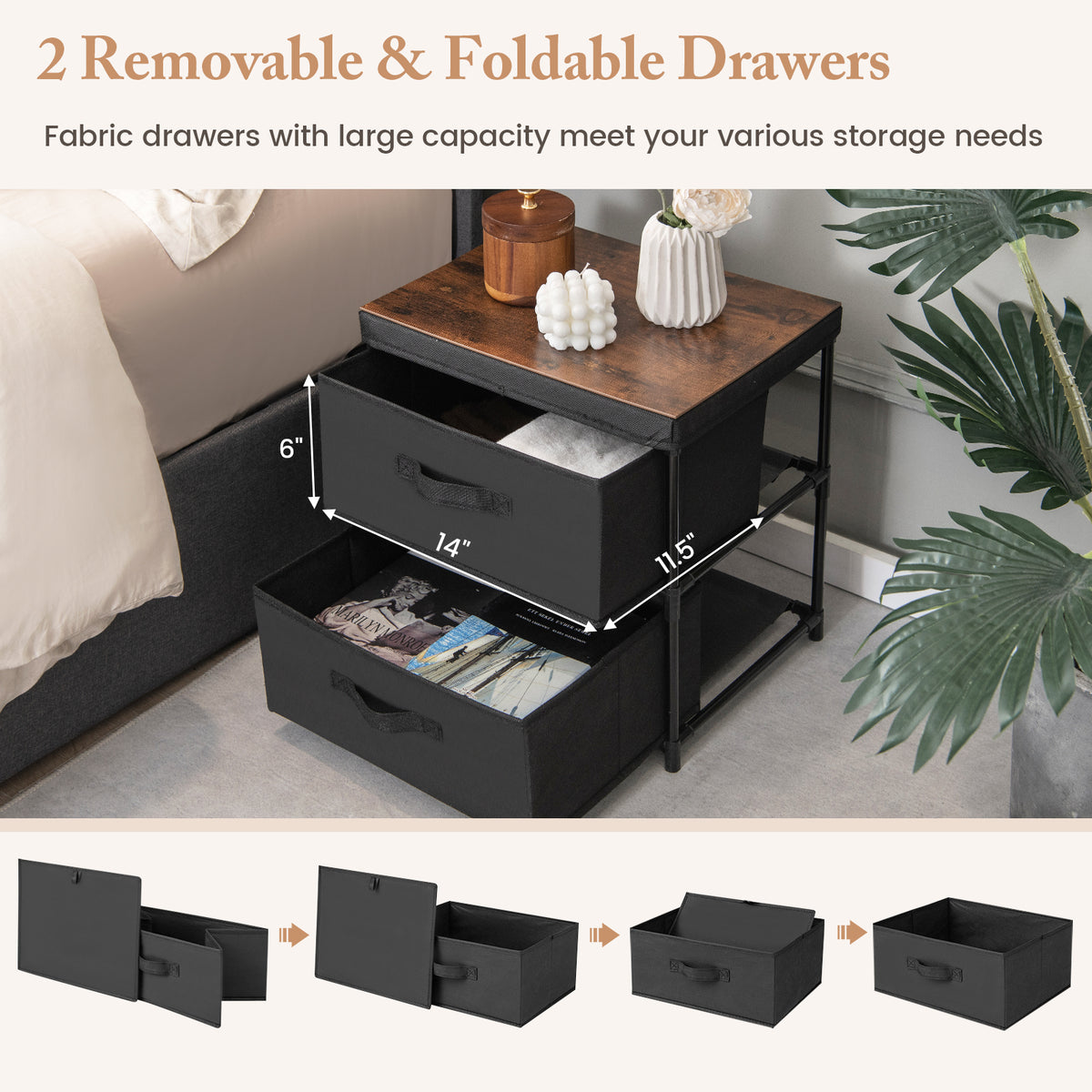 2-Drawer Nightstand with Removable Fabric Bins, Black - Set of 2