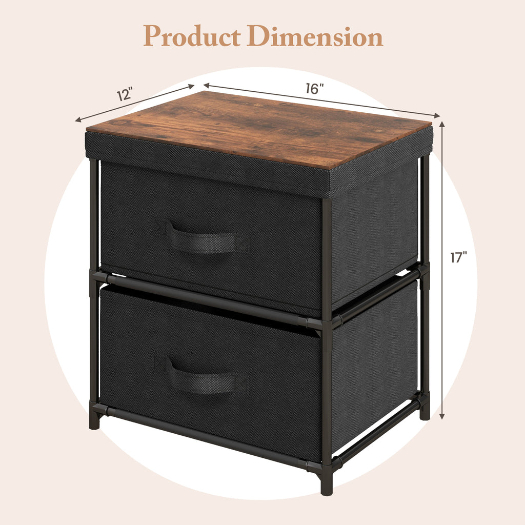 2-Drawer Nightstand with Removable Fabric Bins, Black - Set of 2