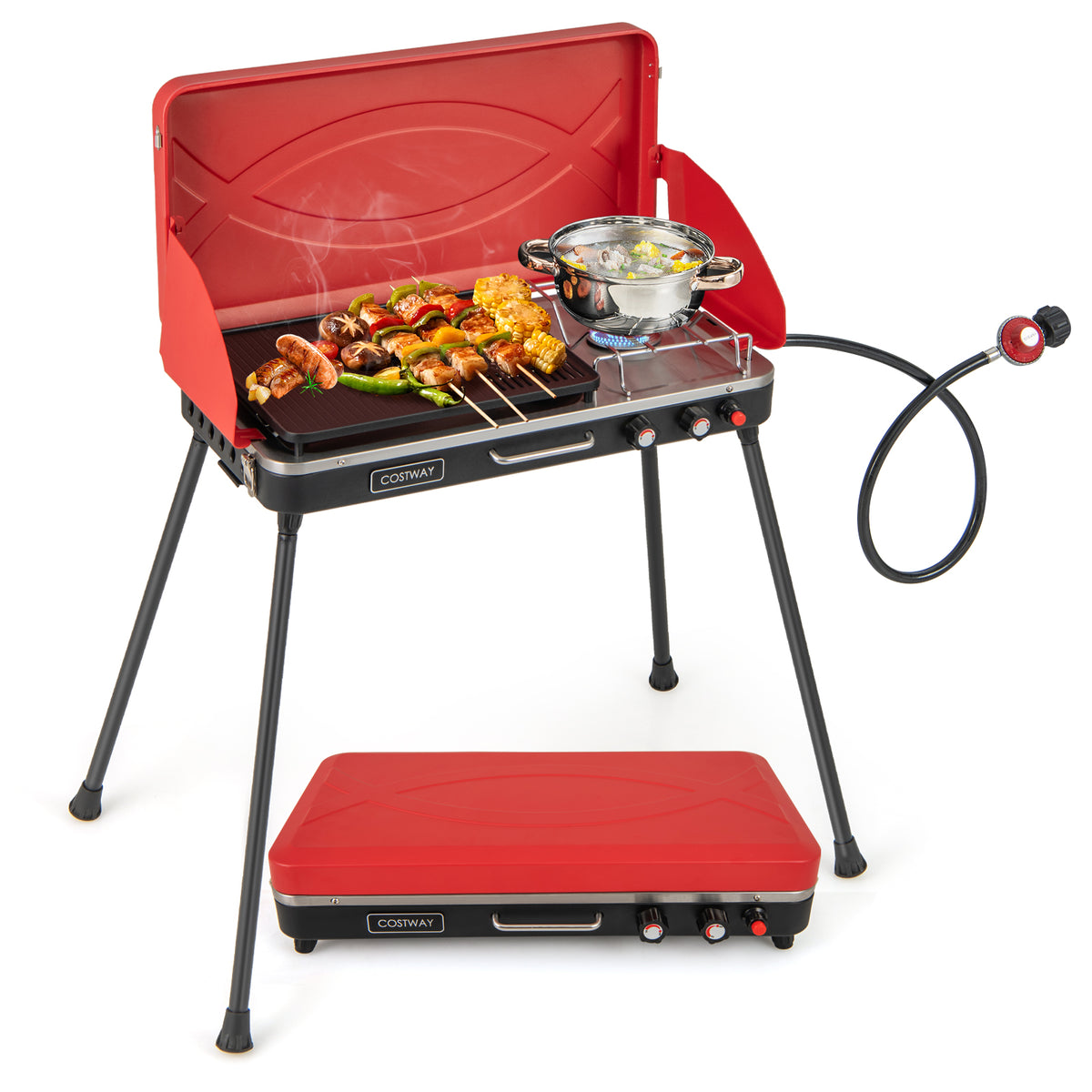 2-in-1 Camping Gas Grill and Stove with Detachable Legs - Black