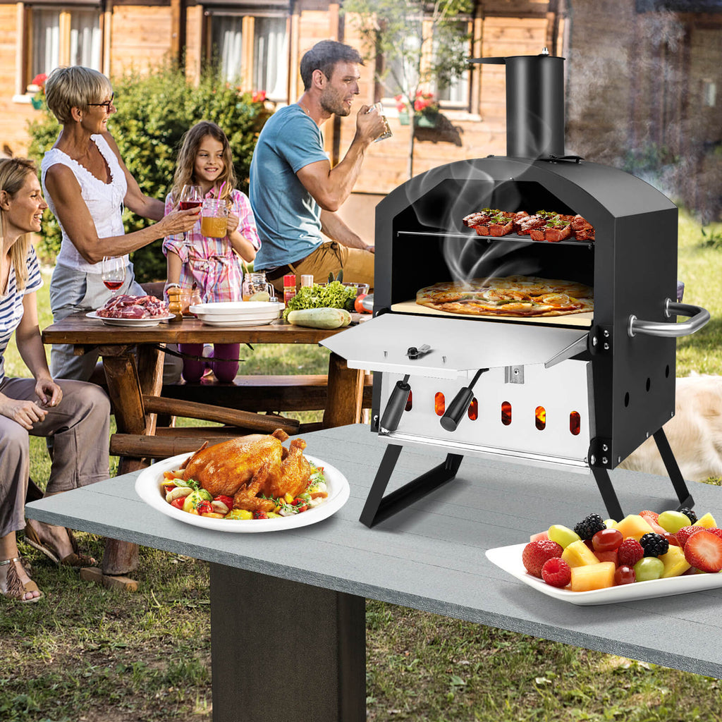 2-Layer Pizza Oven with Removable Rack and Folding Legs - Black