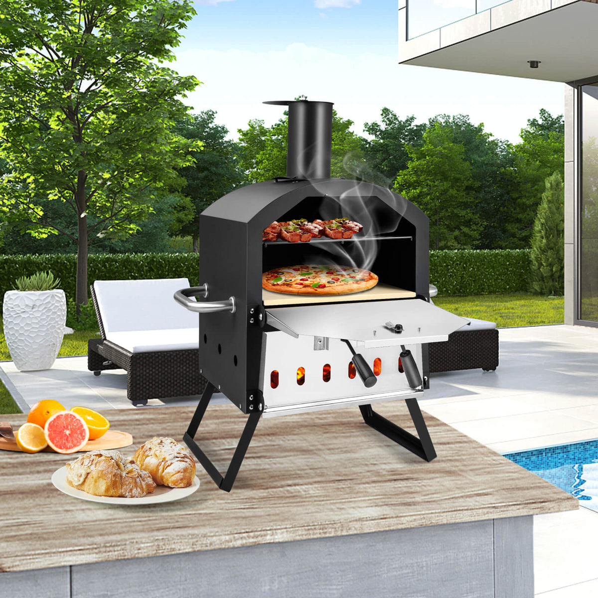 2-Layer Pizza Oven with Removable Rack and Folding Legs - Black