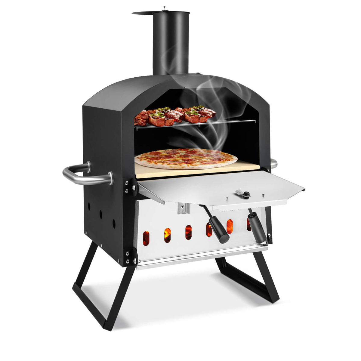2-Layer Pizza Oven with Removable Rack and Folding Legs - Black