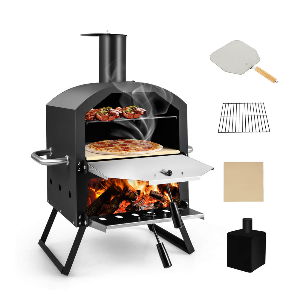 2-Layer Pizza Oven with Removable Rack and Folding Legs - Black