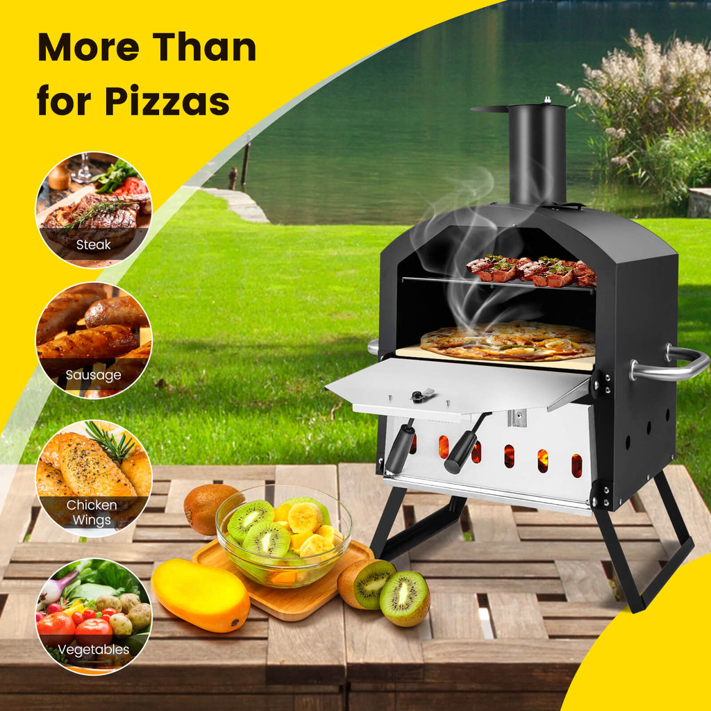 2-Layer Pizza Oven with Removable Rack and Folding Legs - Black