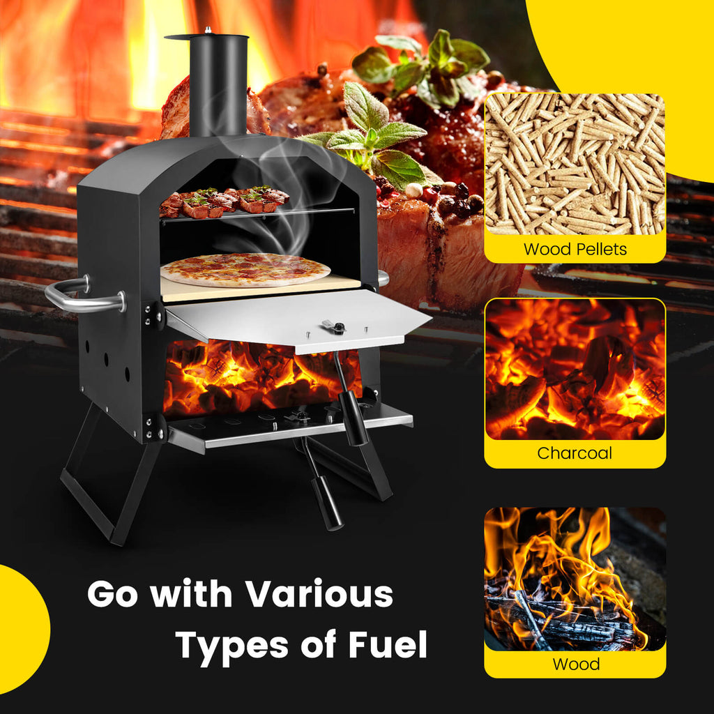 2-Layer Pizza Oven with Removable Rack and Folding Legs - Black