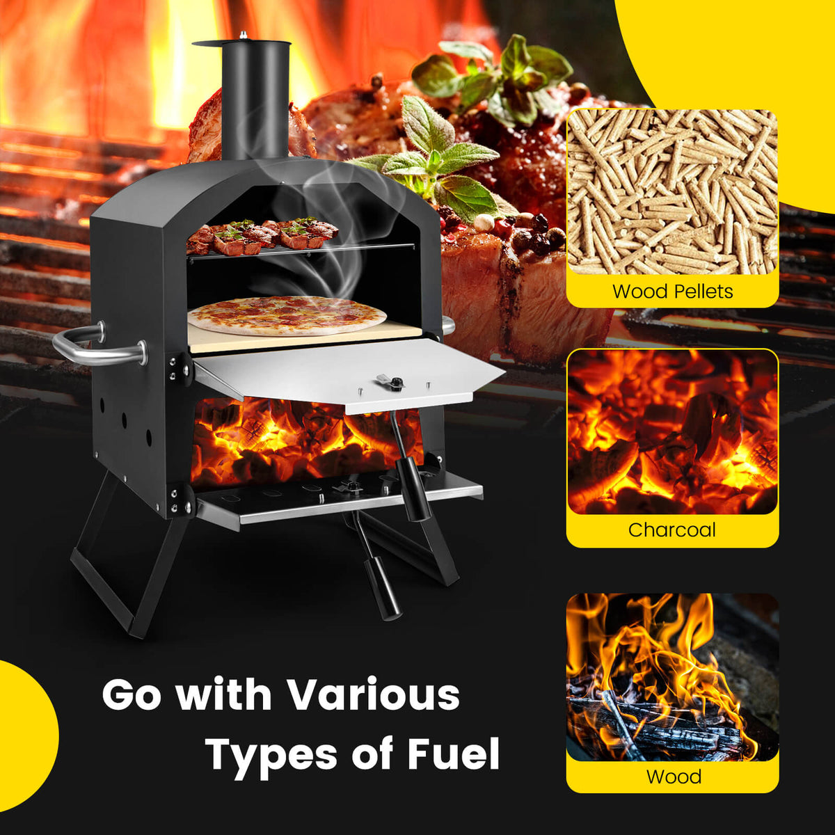 2-Layer Pizza Oven with Removable Rack and Folding Legs - Black