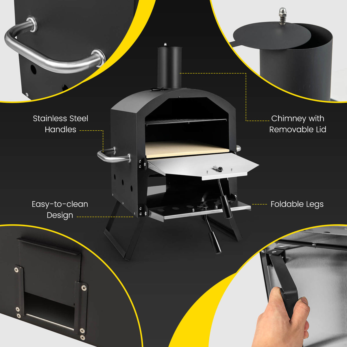 2-Layer Pizza Oven with Removable Rack and Folding Legs - Black