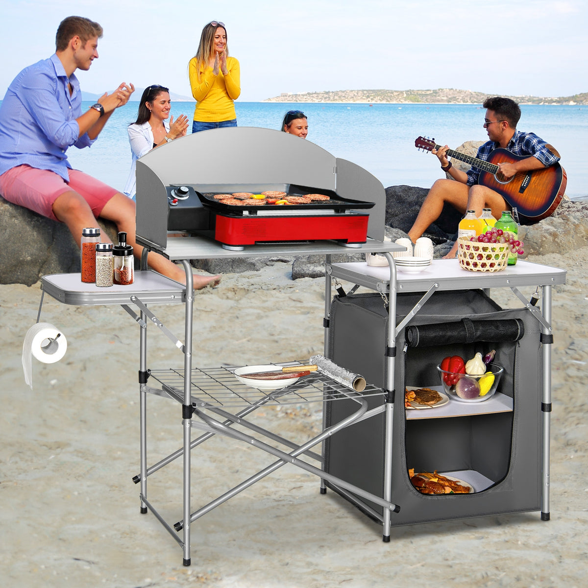 Portable Grilling Table with Windscreen & Bag - Gray