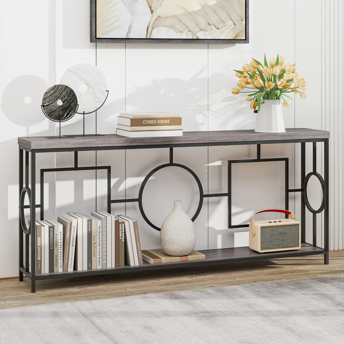 Faux Marble Console Table 2-Tier Storage Shelf - Rustic Brown