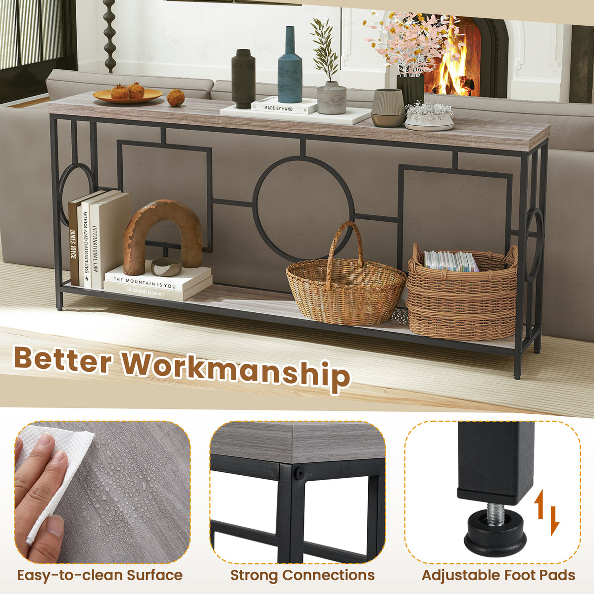 Faux Marble Console Table 2-Tier Storage Shelf - Rustic Brown
