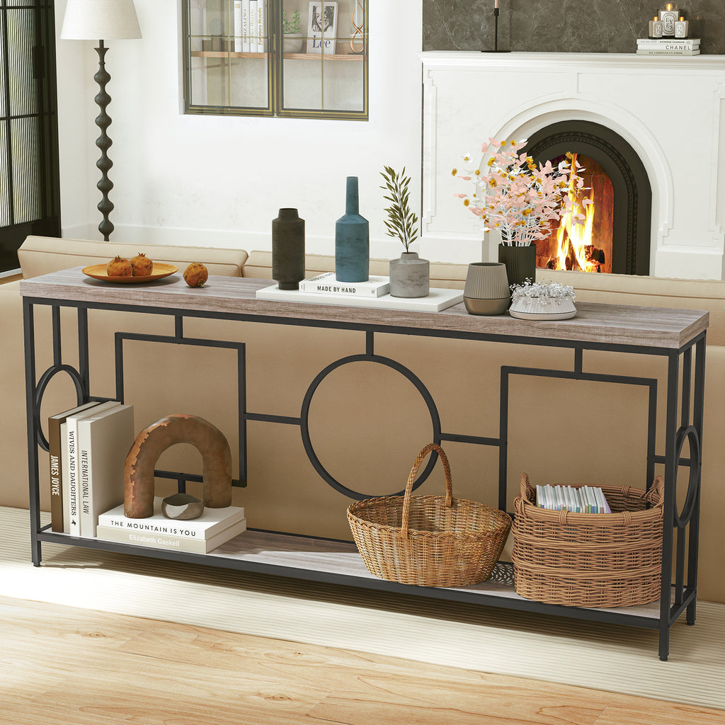 Faux Marble Console Table 2-Tier Storage Shelf - Rustic Brown