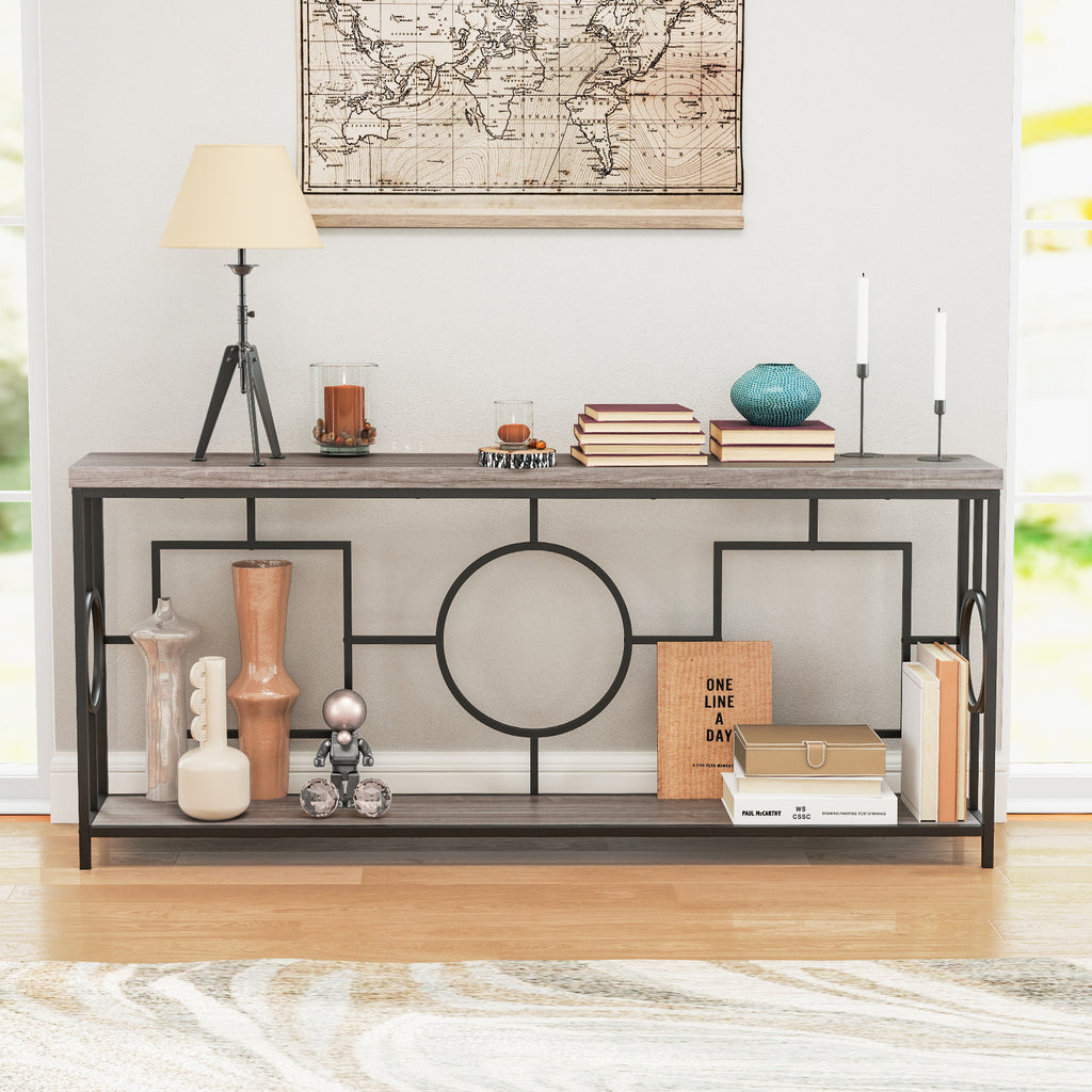 Faux Marble Console Table 2-Tier Storage Shelf - Rustic Brown