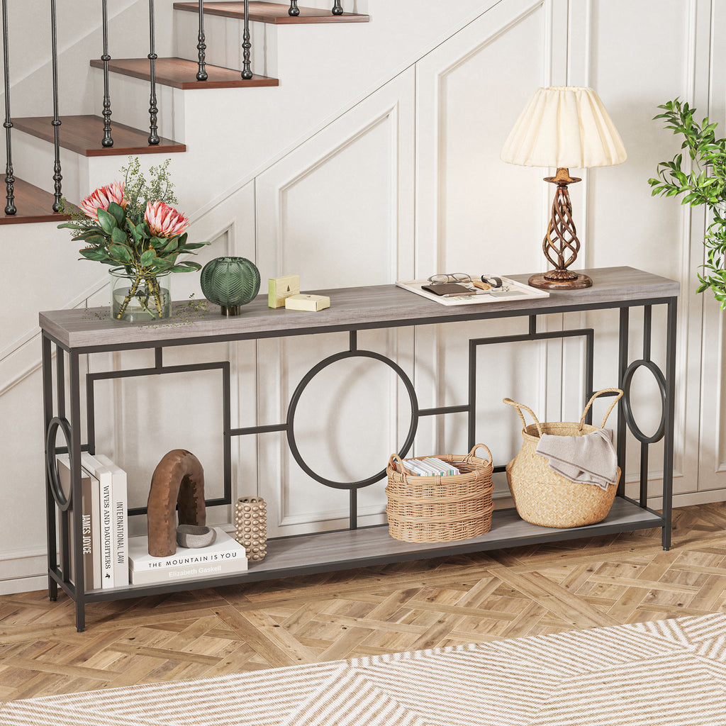 Faux Marble Console Table 2-Tier Storage Shelf - Rustic Brown