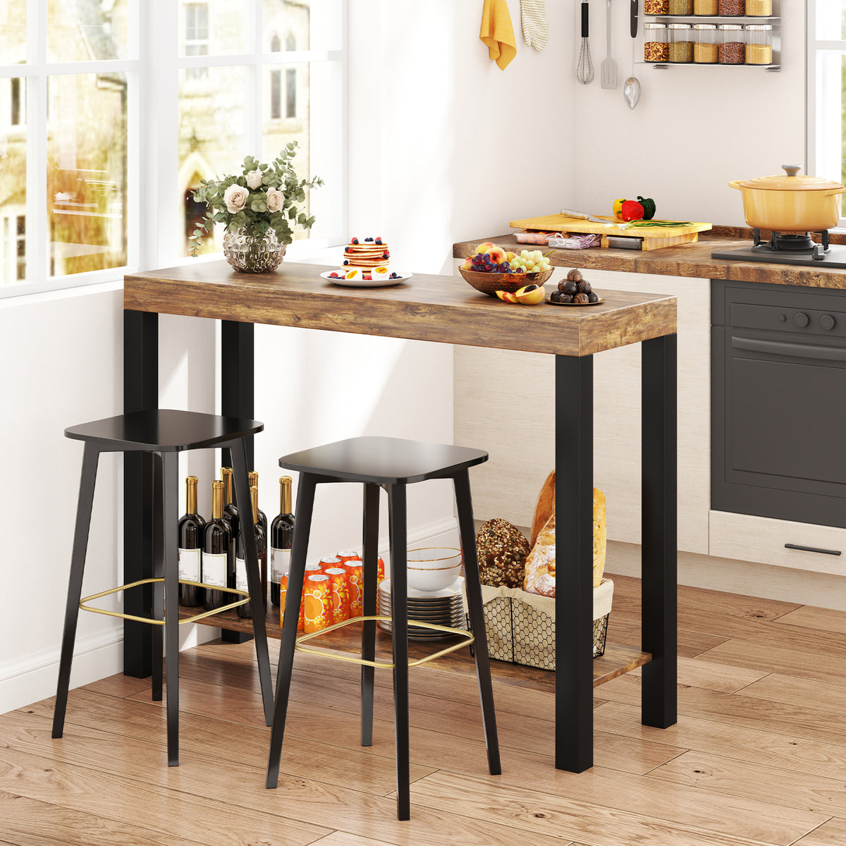 2-Tier Bar Table with Open Shelves - Rustic Brown