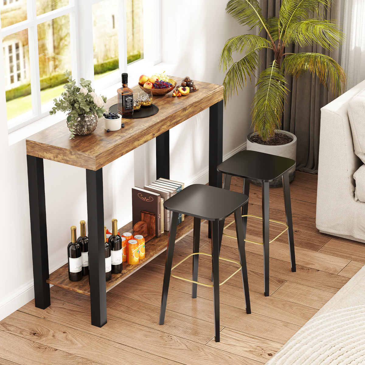 2-Tier Bar Table with Open Shelves - Rustic Brown