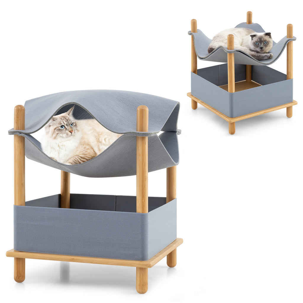 2-Tier Wooden Cat House with Convertible Condo & Removable Clothes - Gray Variation