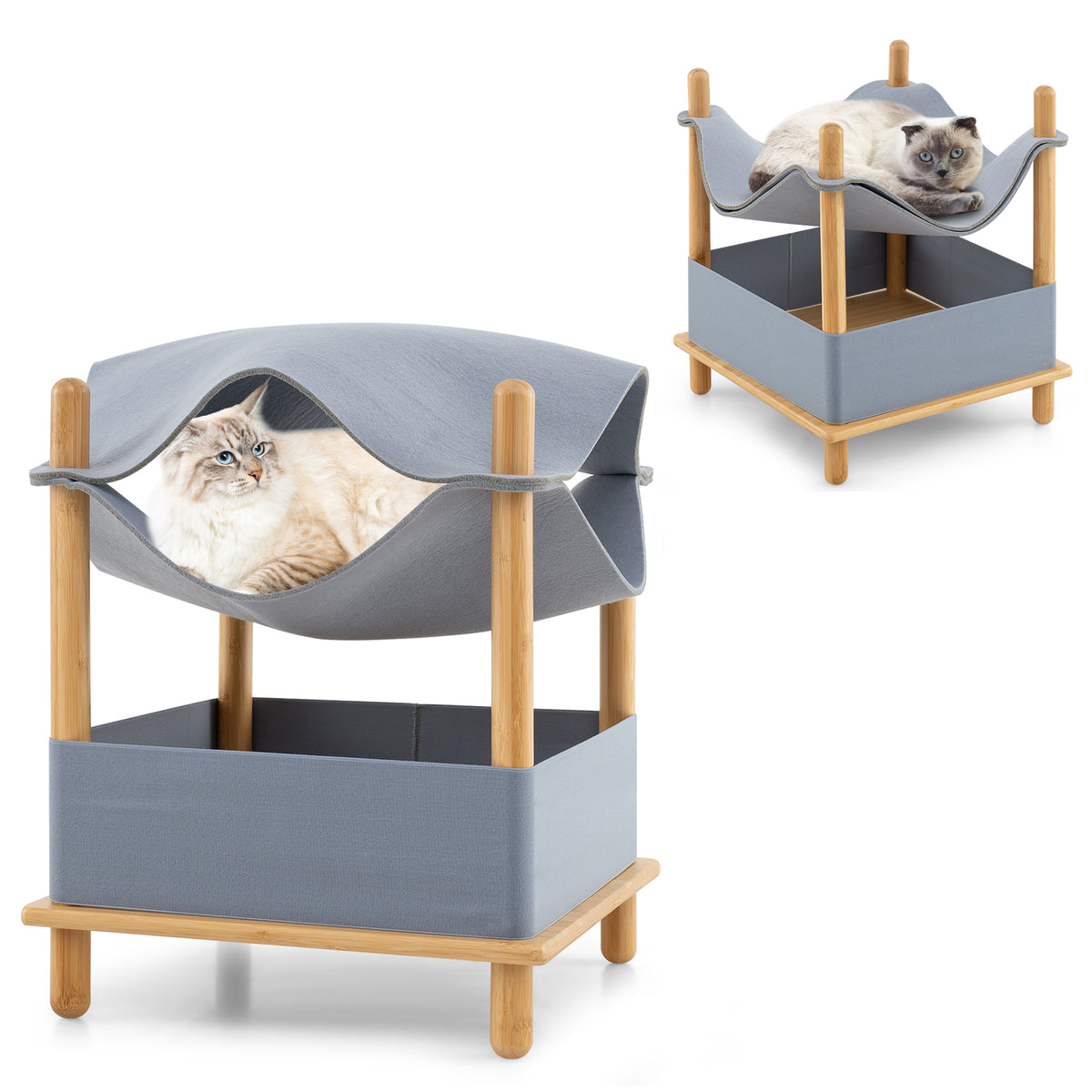 2-Tier Wooden Cat House with Convertible Condo & Removable Clothes - Gray Variation