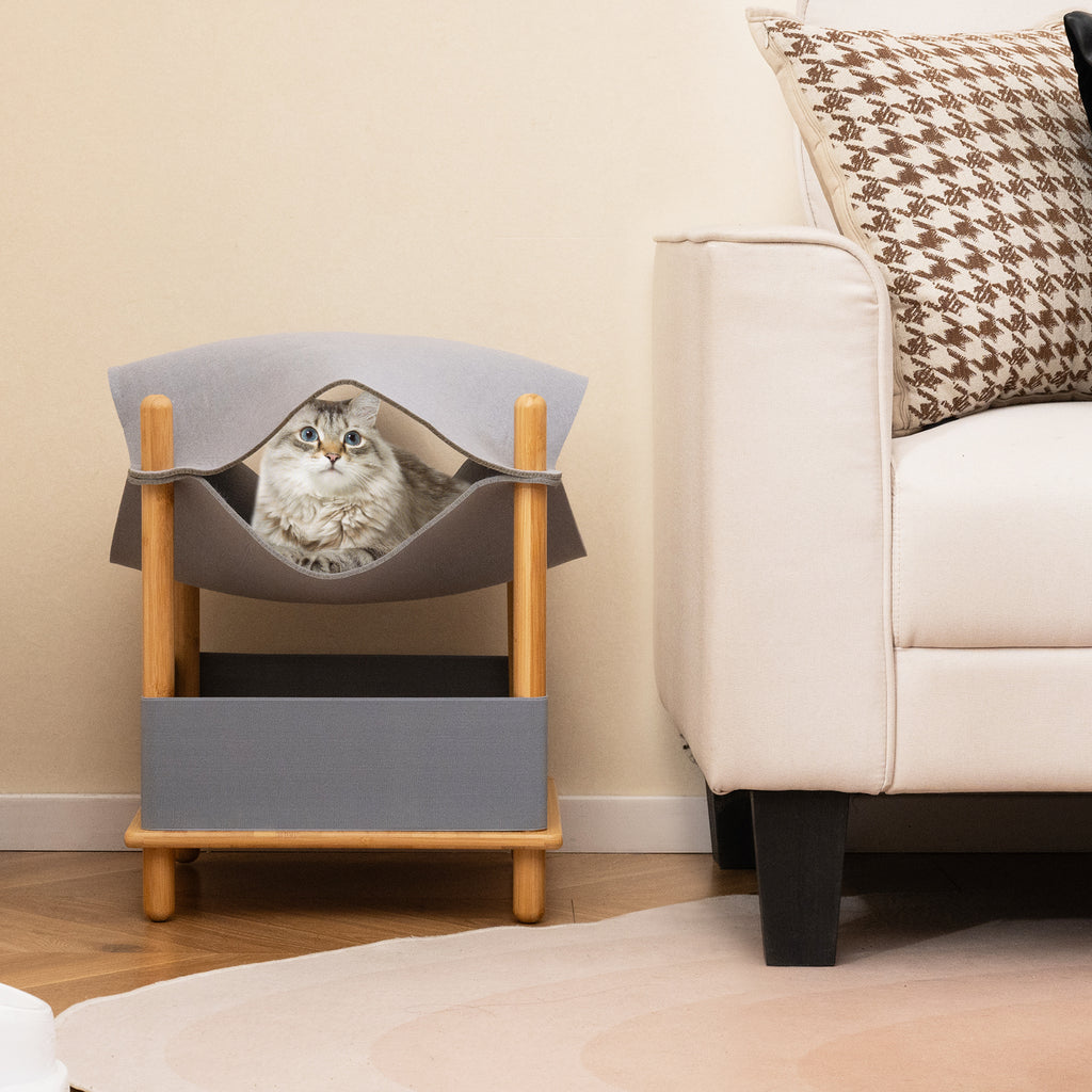 2-Tier Wooden Cat House with Convertible Condo & Removable Clothes - Gray Variation