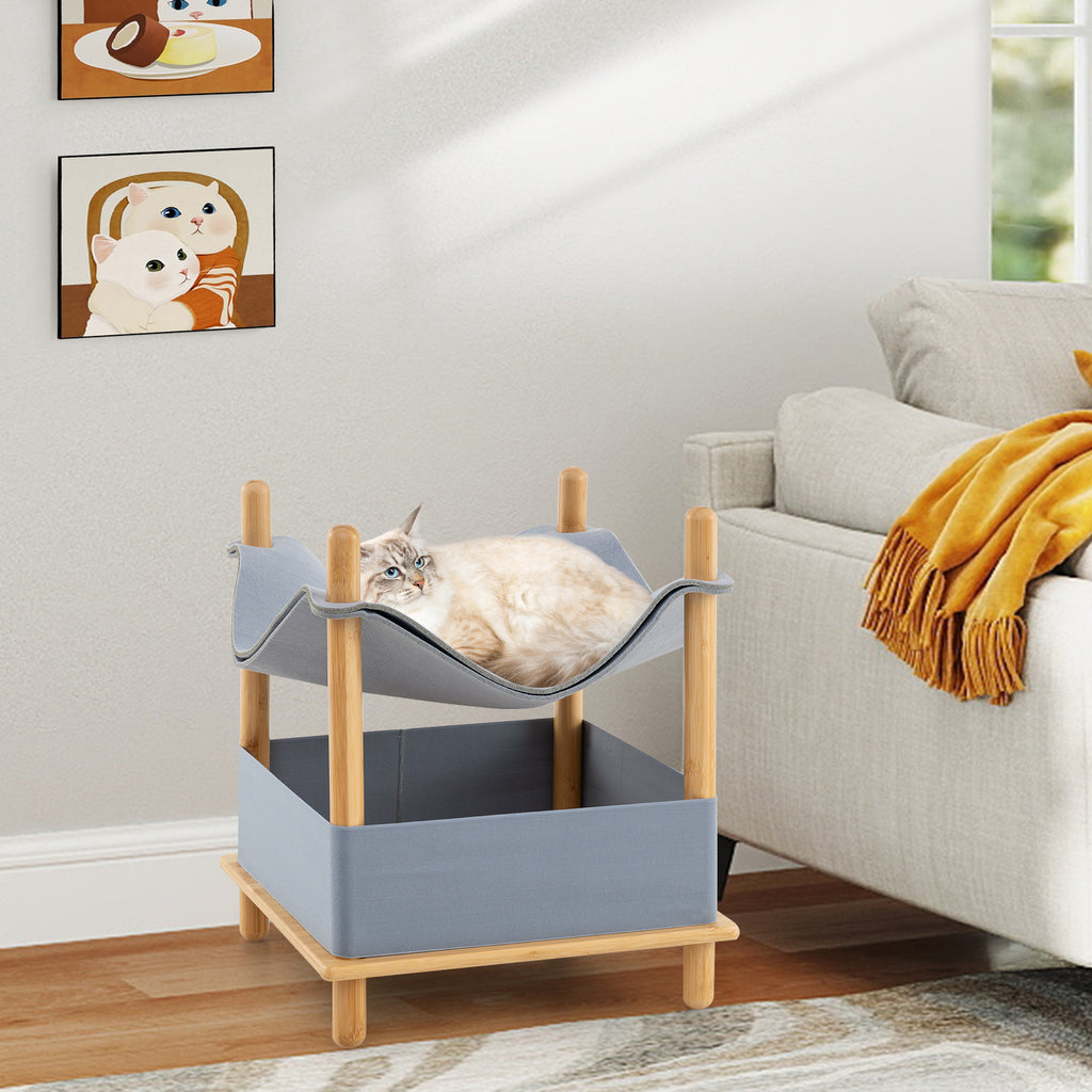 2-Tier Wooden Cat House with Convertible Condo & Removable Clothes - Gray Variation