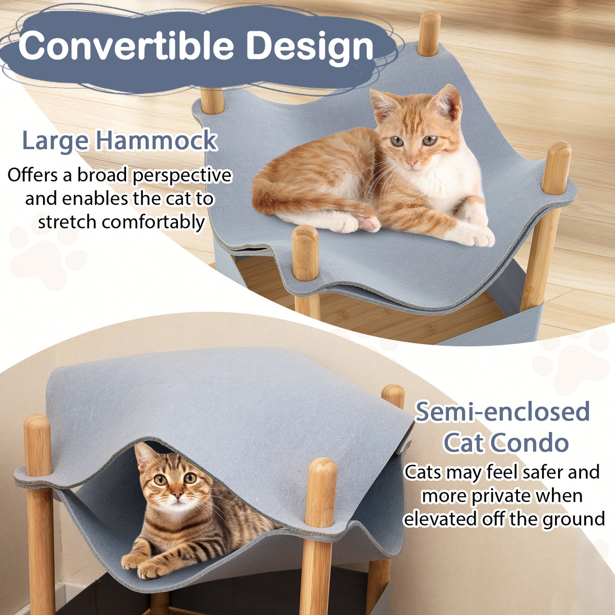 2-Tier Wooden Cat House with Convertible Condo & Removable Clothes - Gray Variation