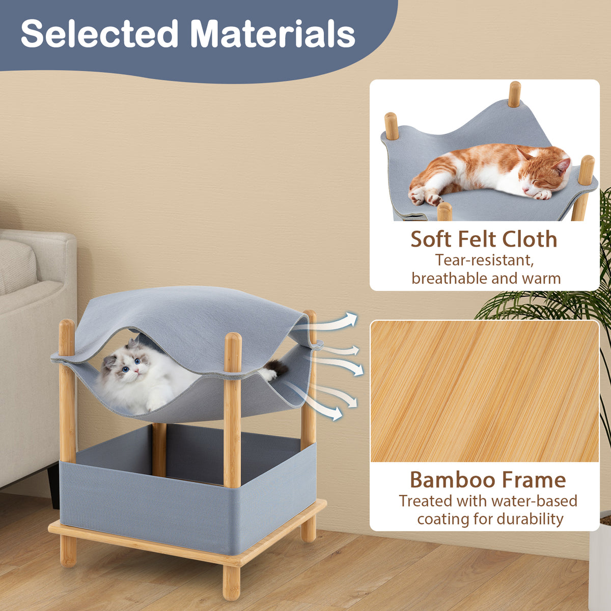 2-Tier Wooden Cat House with Convertible Condo & Removable Clothes - Gray Variation