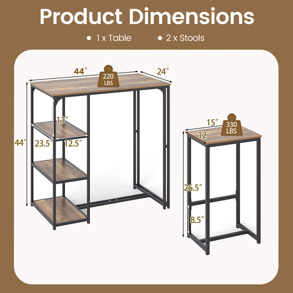 3-Piece Bar Table Set with 2 Stools - Rustic Brown