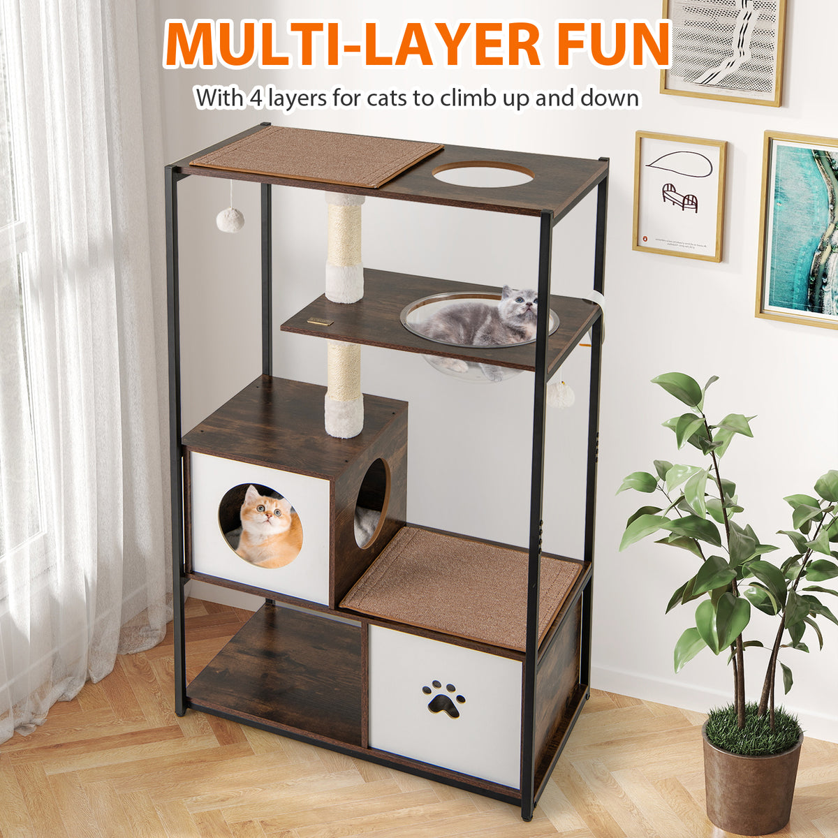 Wooden Cat Tree Tower with 2 Condos & Cushions - Style 2, Coffee