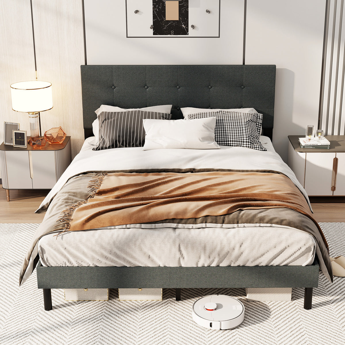 Queen Size Upholstered Bed Frame Linen Platform Bed - Dark Gray