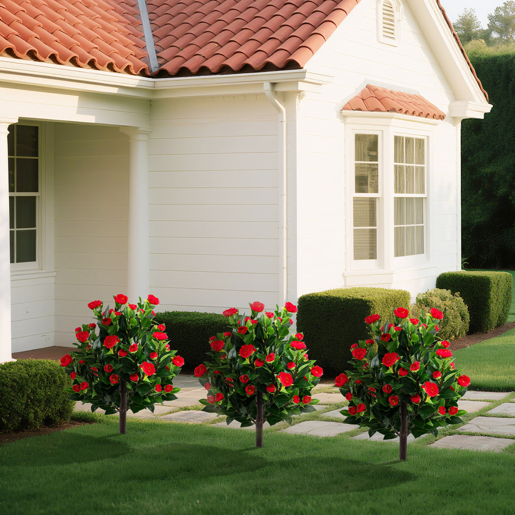 Artificial Camellia Tree Set - 31 Inches Green Faux Flower Trees - 2 Pack
