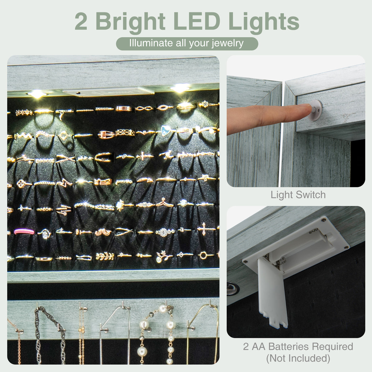 Wall-Mounted Mirrored Jewelry Armoire with LED Lights - Navy