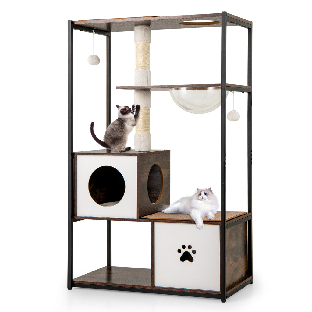 Wooden Cat Tree Tower with 2 Condos & Cushions - Style 2, Coffee