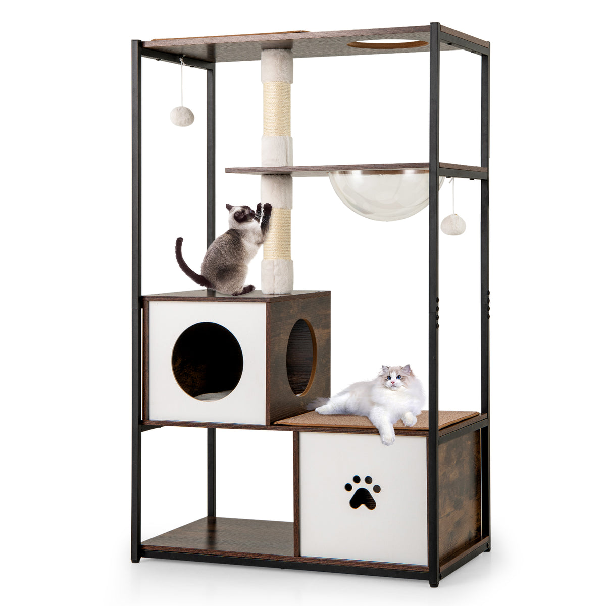 Wooden Cat Tree Tower with 2 Condos & Cushions - Style 2, Coffee
