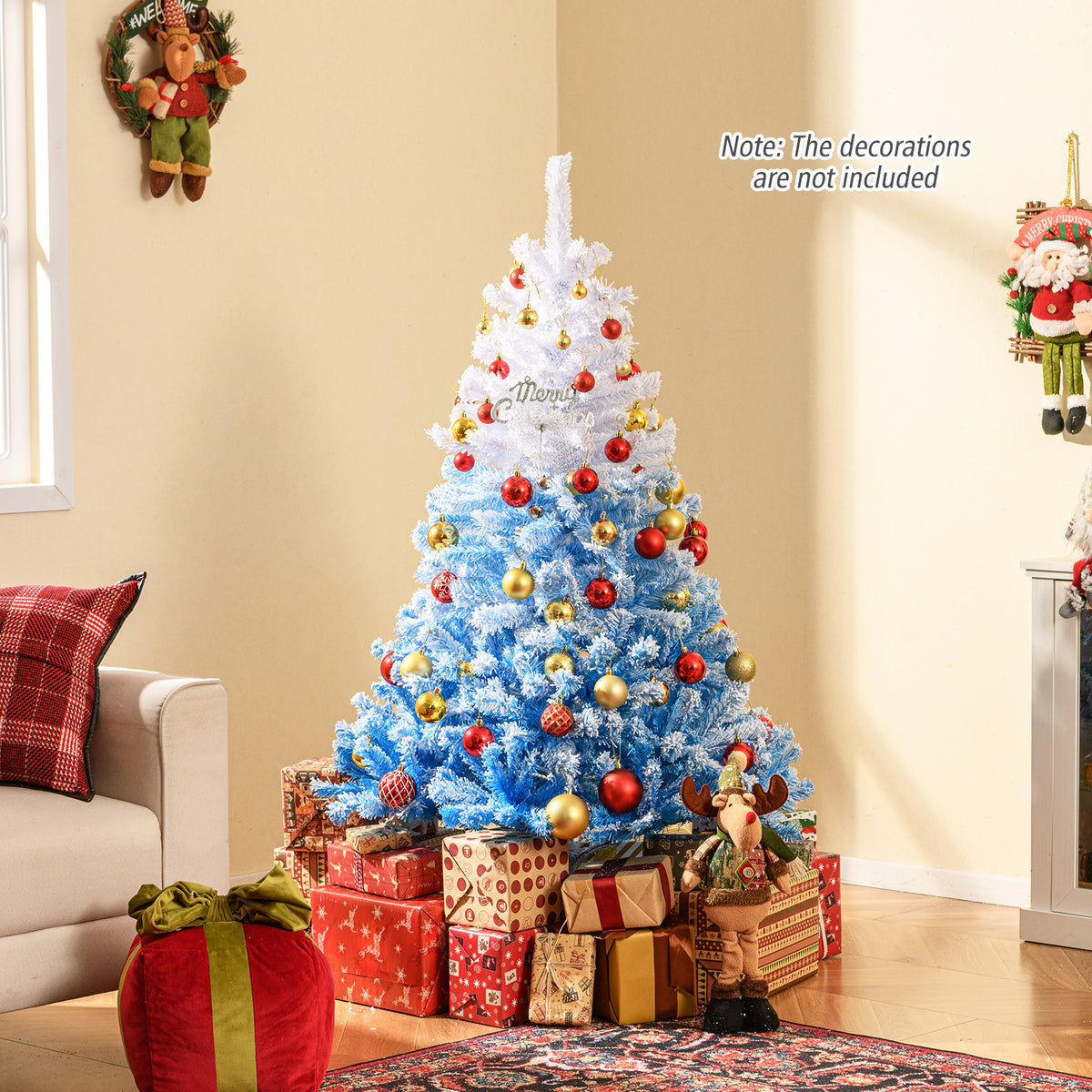 Artificial Christmas Tree 6 Feet with White & Blue Branch Tips, Folding Metal Stand