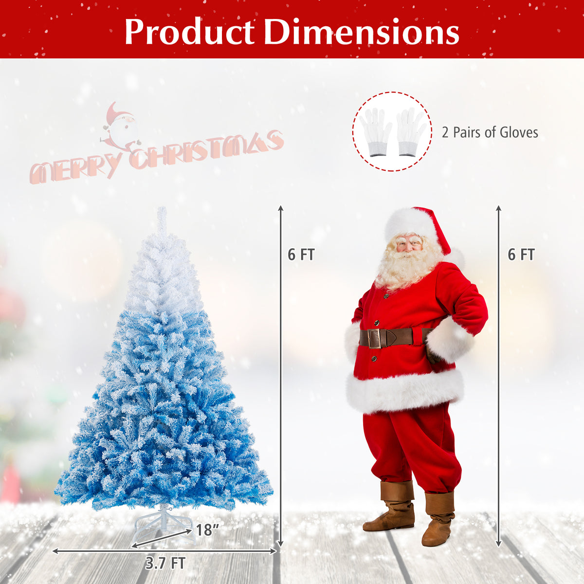 Artificial Christmas Tree 6 Feet with White & Blue Branch Tips, Folding Metal Stand