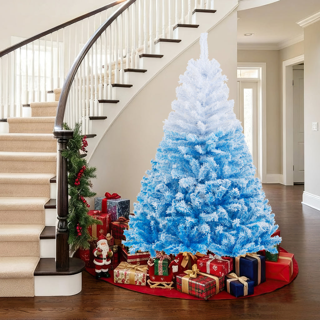 Artificial Christmas Tree 6 Feet with White & Blue Branch Tips, Folding Metal Stand