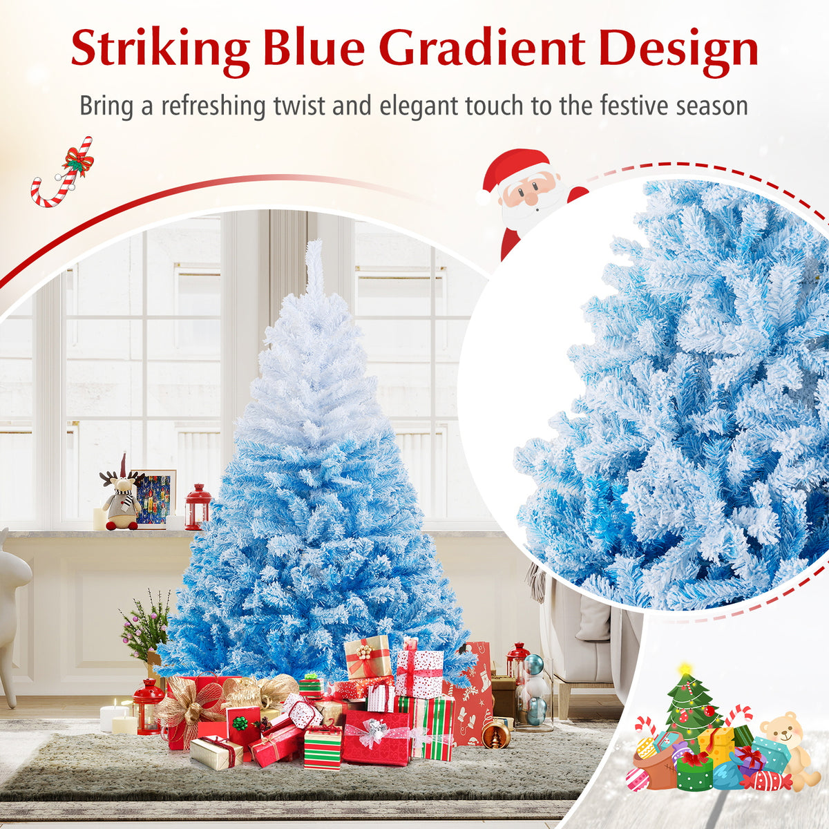 Artificial Christmas Tree 6 Feet with White & Blue Branch Tips, Folding Metal Stand