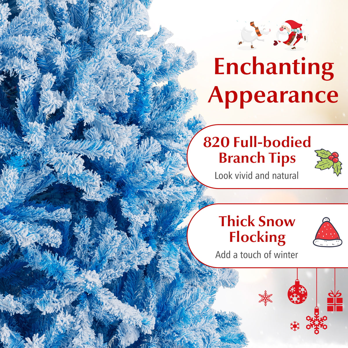 Artificial Christmas Tree 6 Feet with White & Blue Branch Tips, Folding Metal Stand