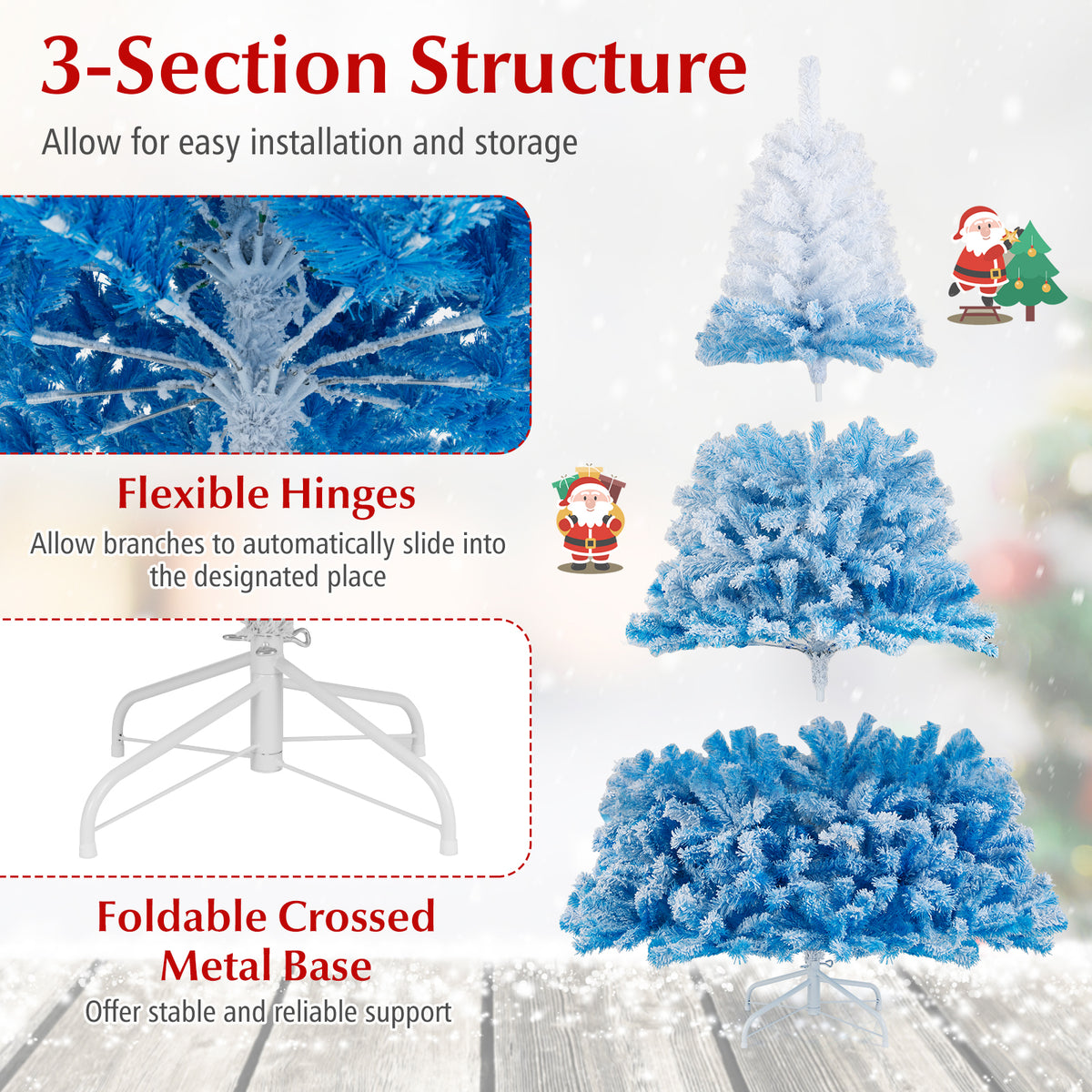 Artificial Christmas Tree 6 Feet with White & Blue Branch Tips, Folding Metal Stand