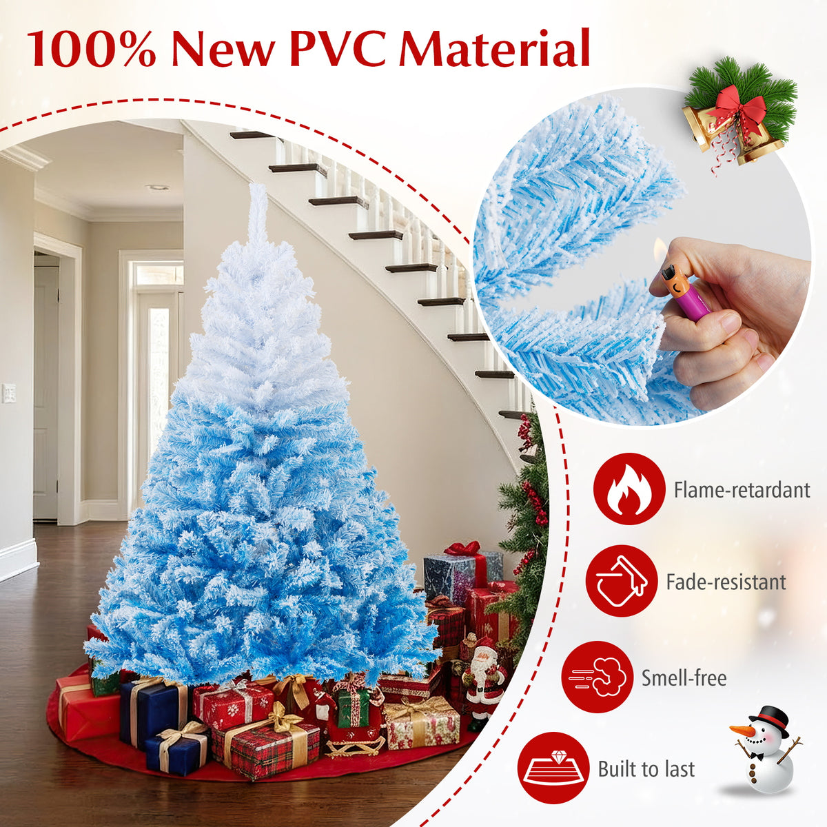 Artificial Christmas Tree 6 Feet with White & Blue Branch Tips, Folding Metal Stand
