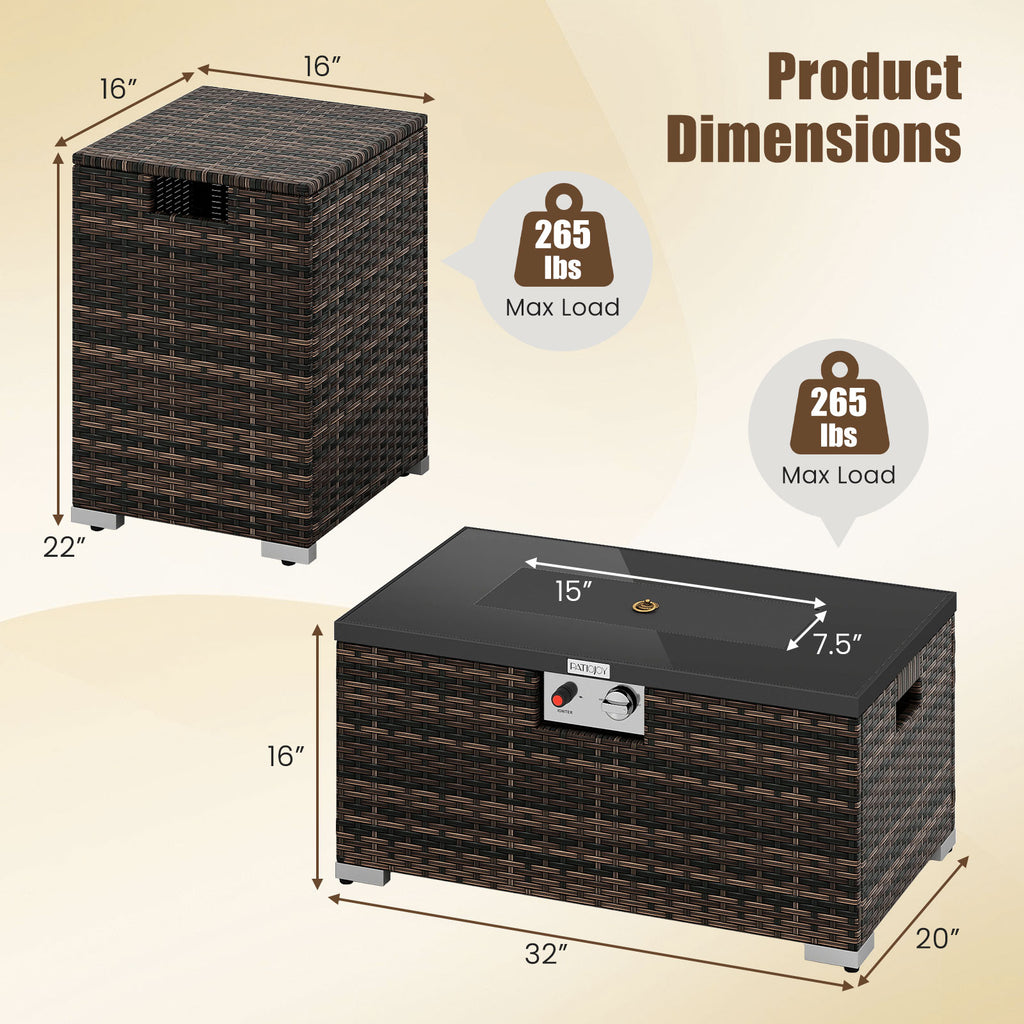 2-Piece Outdoor Rattan Fire Pit Table Set 32" - Brown