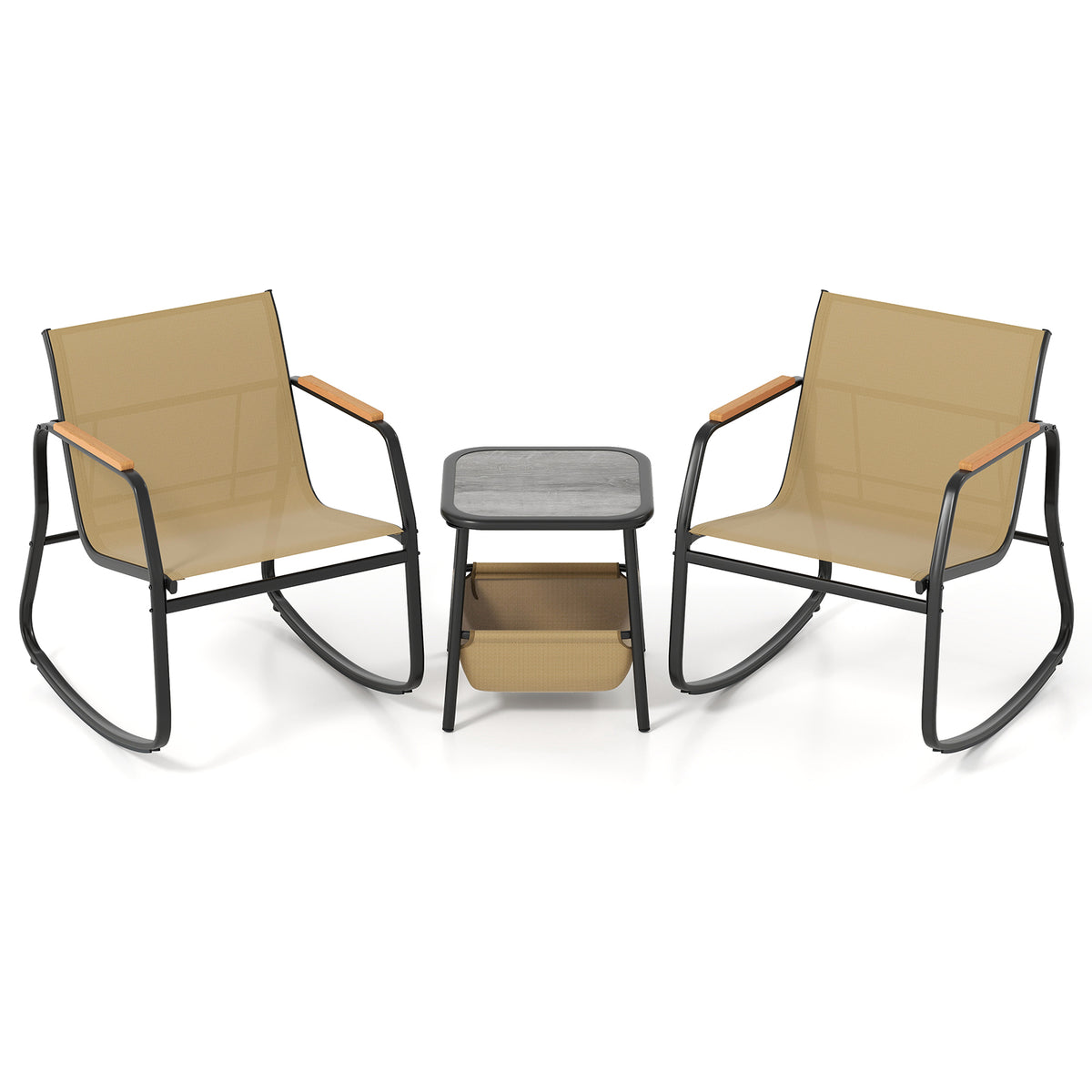 3 Piece Rocking Bistro Chairs and Side Table Set with Storage Bag