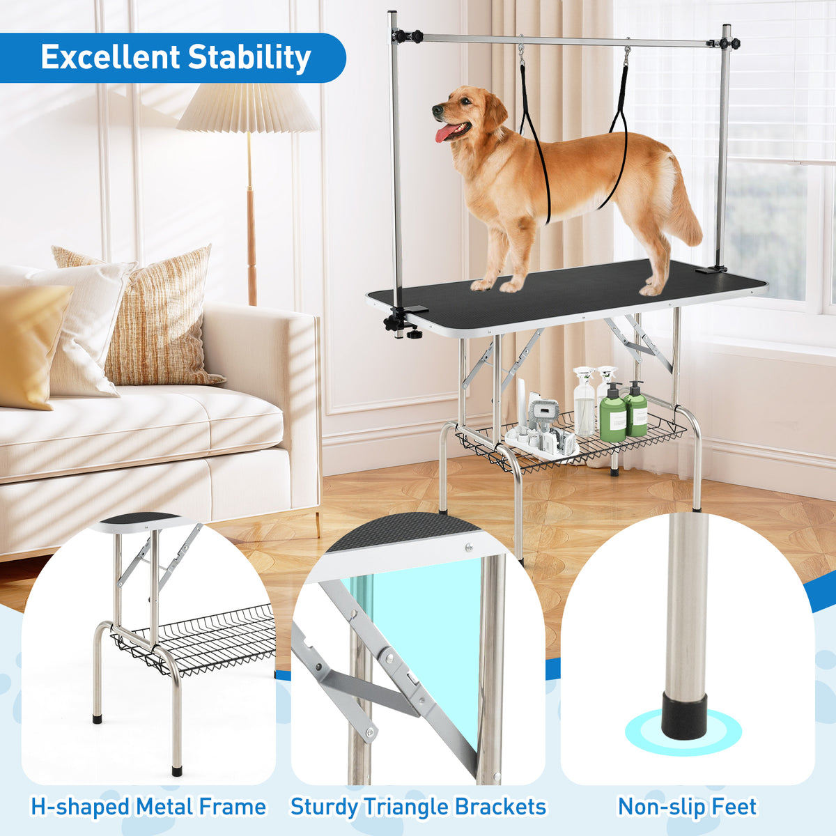 Foldable Dog Grooming Table with Height Adjustable Arms - Black - Space-Saving Pet Grooming Station