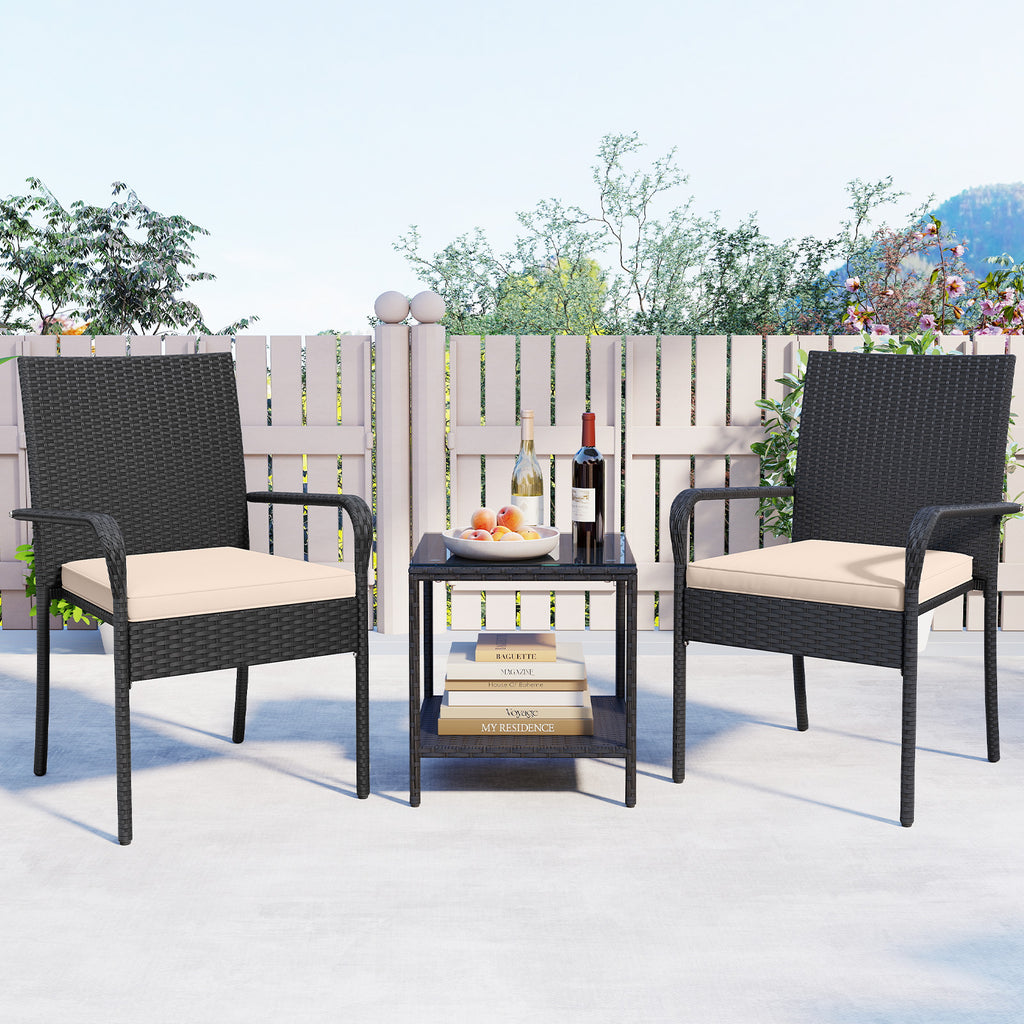 3 Piece Patio Furniture Set with Seat Cushions and Tempered Glass