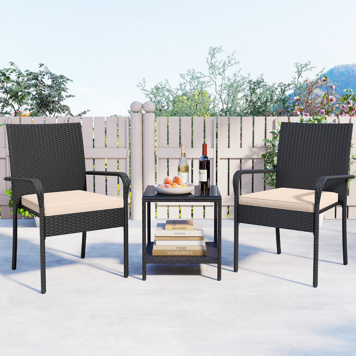 3 Piece Patio Furniture Set with Seat Cushions and Tempered Glass