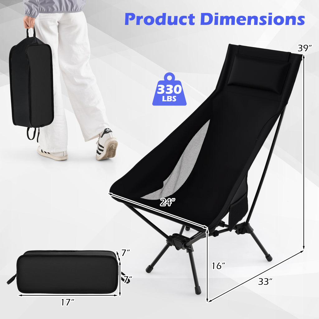 High Back Portable Camping Chair with Compact Carry Bag and Pillow