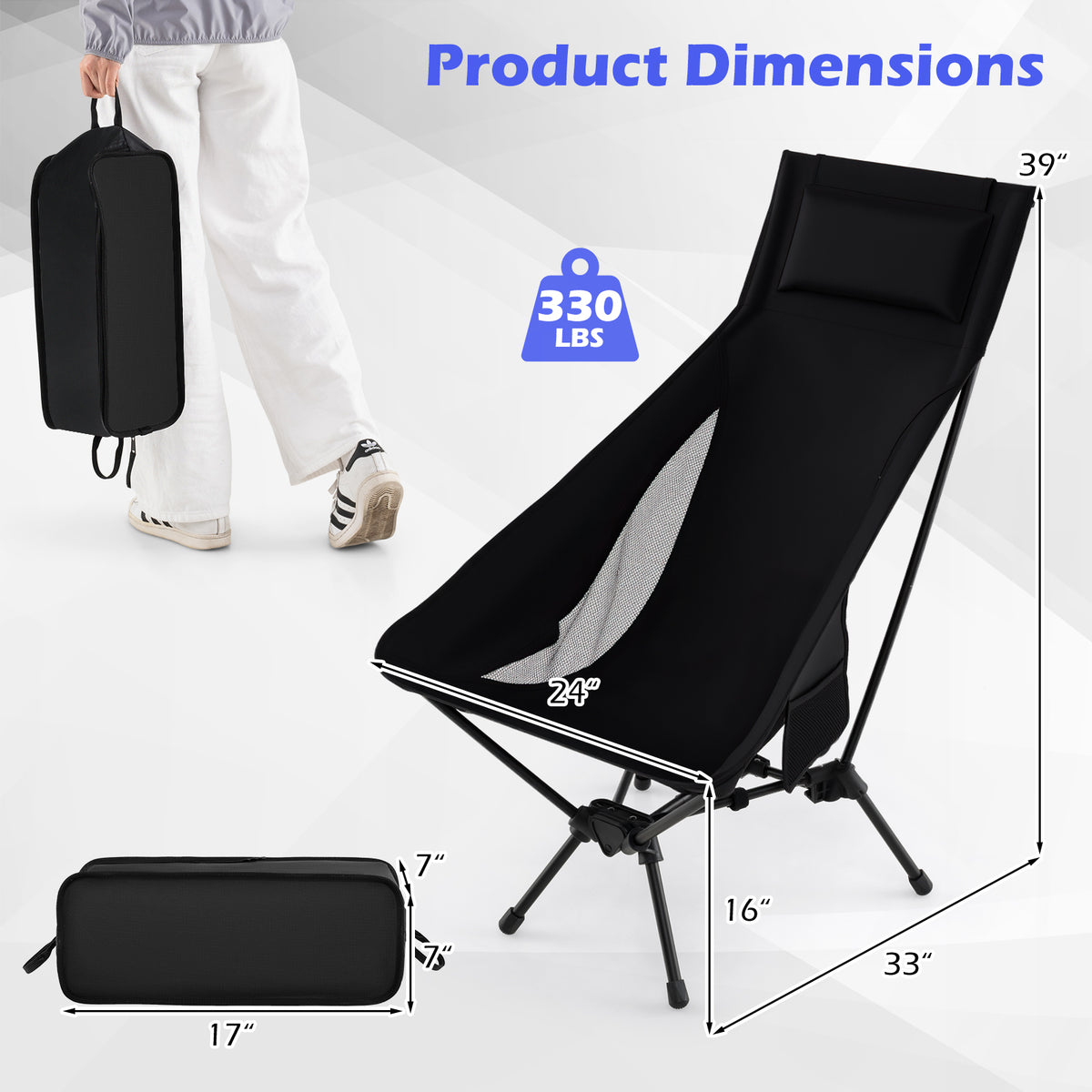 High Back Portable Camping Chair with Compact Carry Bag and Pillow