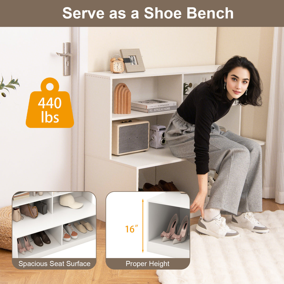 Entryway Shoe Cabinet with Bench Seat & Anti-Tipping Kits - White