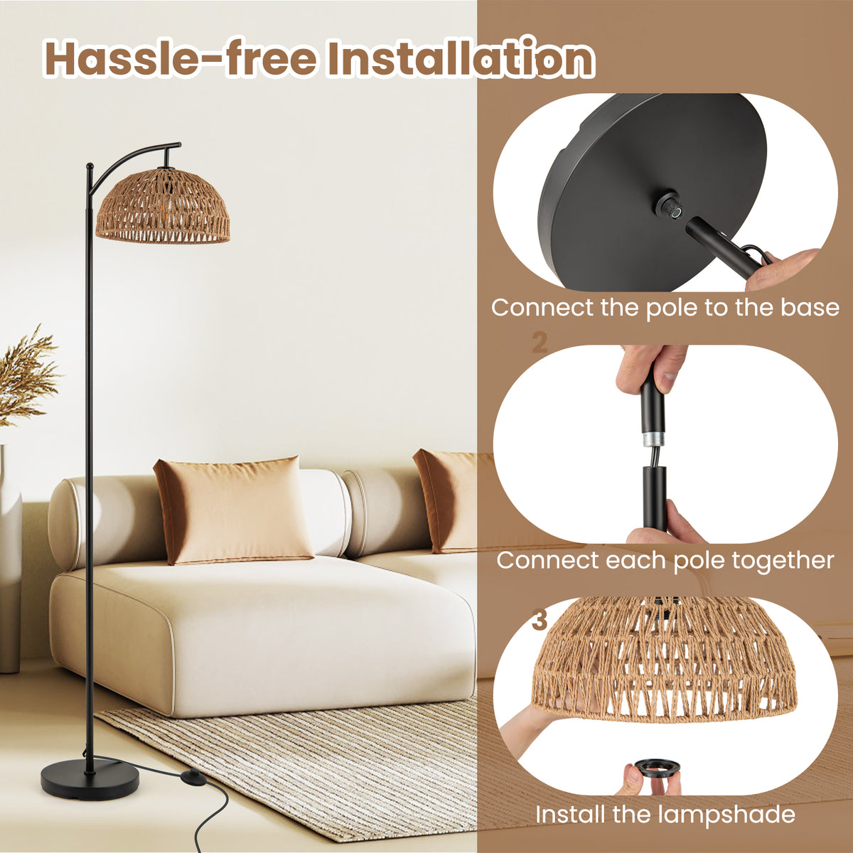 Black Arc Floor Lamp 63 Inches Tall with Hanging Lampshade - Modern Pole Light