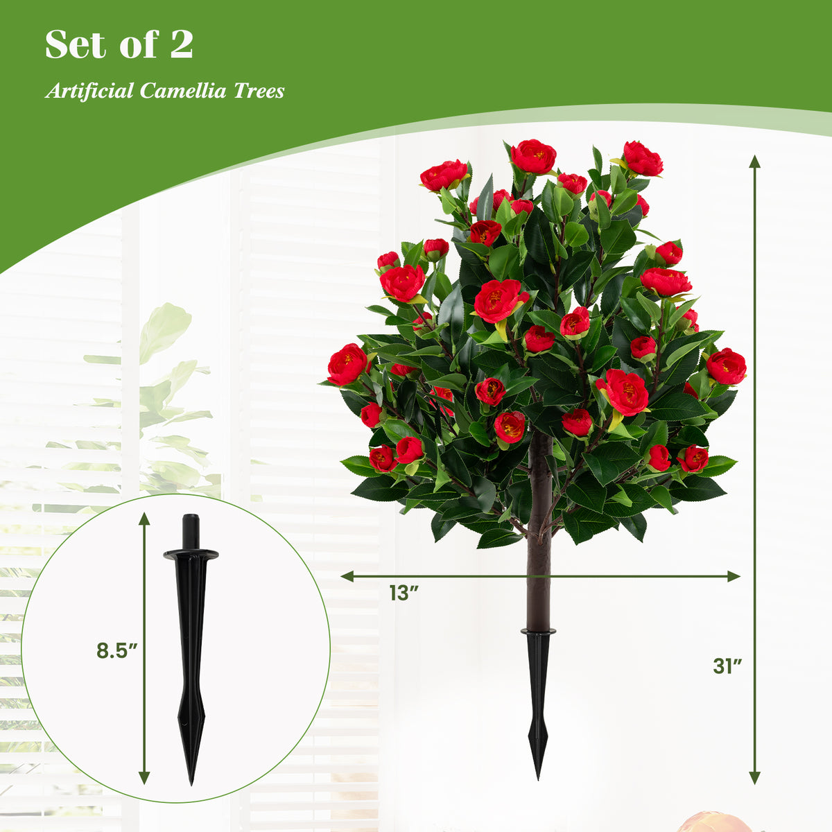 Artificial Camellia Tree Set - 31 Inches Green Faux Flower Trees - 2 Pack
